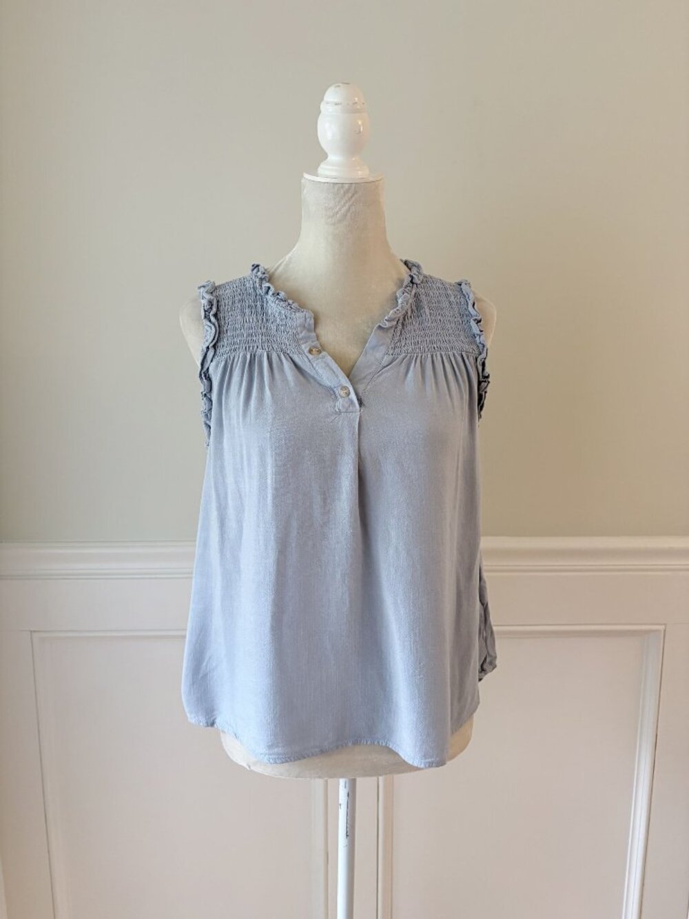 Mine Light Blue Chambray Sleeveless Ruffle Trim Top Smocked Yoke Small